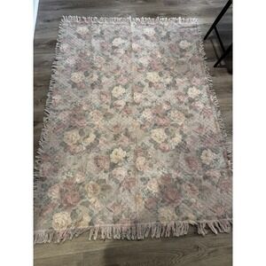 Vintage Simply Country Woven Floral Hearts Pastel Throw Blanket Fringe NWT 1992